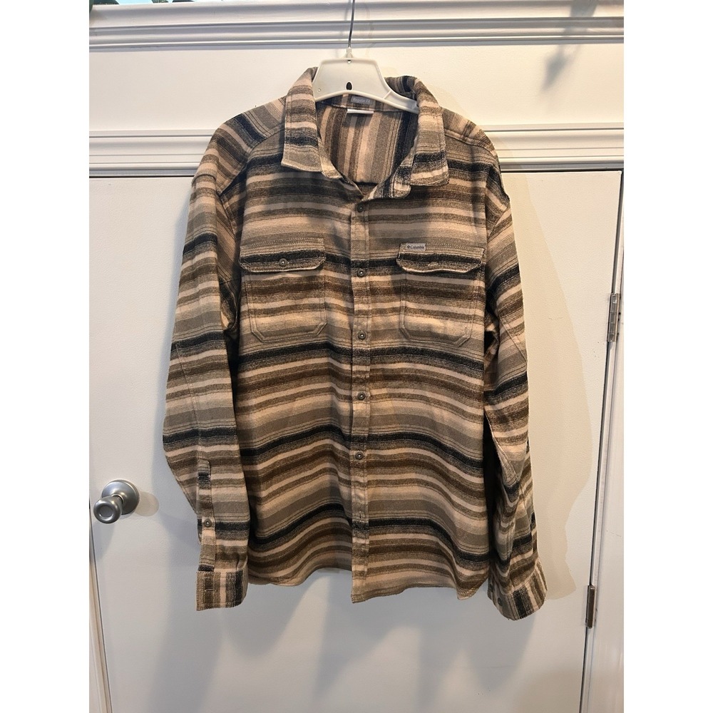 Columbia Sportswear Mens XXL Regular Fit Striped Flannel Button Down Shirt Brown